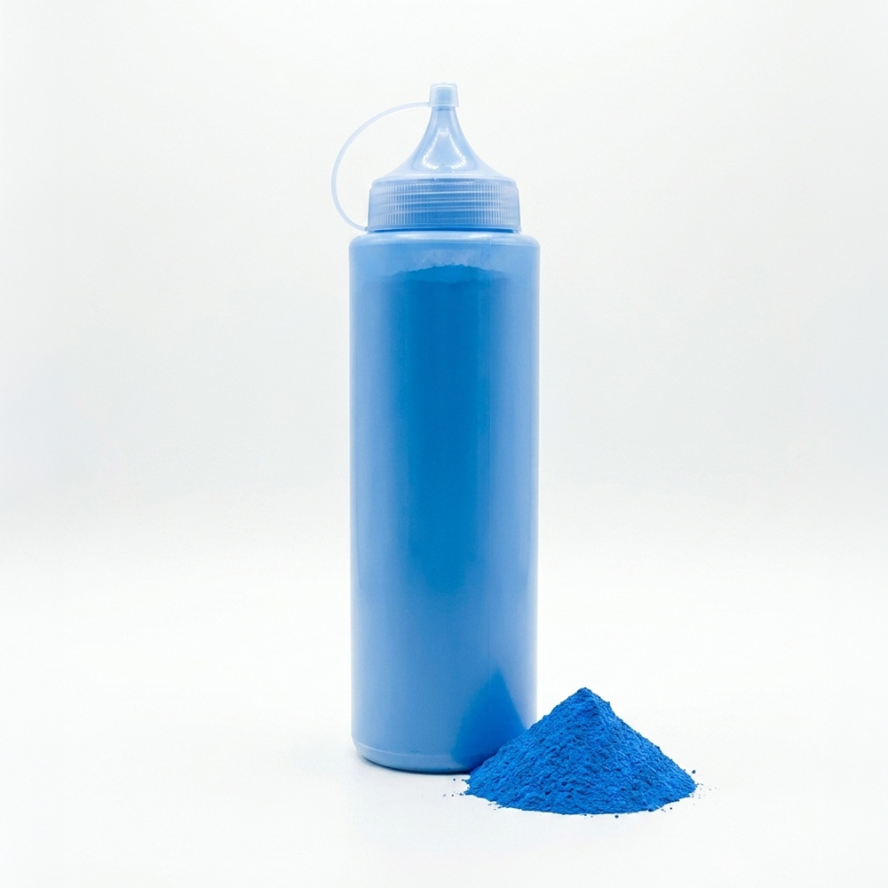 Festive Colours dark blue colour powder in a squeeze bottle.